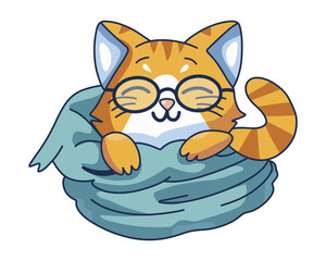 Obraz premium Cute Cartoon Cat Sleeping with Glasses in a Blue Basket for a Quirky Home Decor Theme Illustration. Vector illustration
