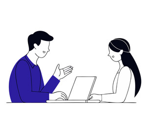 Modern Business Conversation: Professional Man Talking to Young Woman with Laptop | Flat Vector Illustration Isolated on White