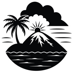 Obraz premium Tropical Volcanic Island Paradise Sunrise, Palm Tree, Ocean View Illustration