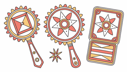 Traditional Decorative Hand Mirrors and Compact with Ethnic Geometric Star Patterns. Flat Vector Illustration.