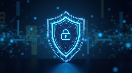 Fototapeta premium Digital protection concept: Glowing grid and abstract tech elements form a modern cybersecurity shield with central space.