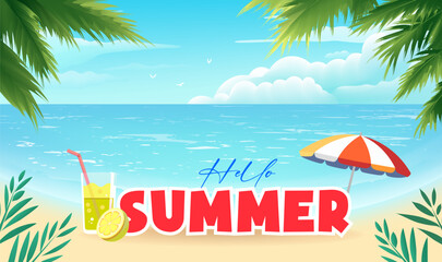 Summer horizontal promotional illustrations beach and palm trees