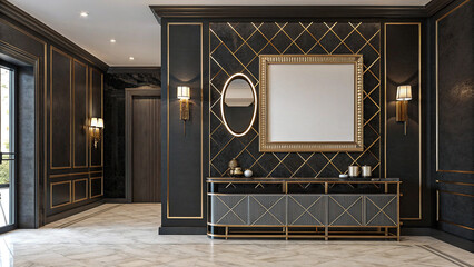 Elegant Modern Lobby Showcasing Dark Accents Stylish Decor and a Blank Poster Frame for Endless Possibilities