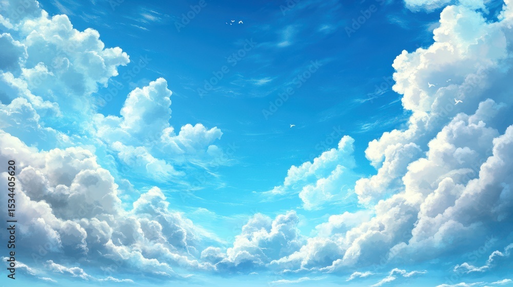 Poster an empty sky filled with fluffy white clouds scattered randomly, floating weightlessly in a vast blu