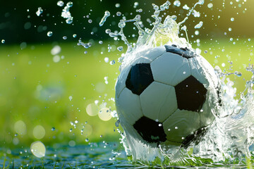 Naklejka premium Soccer ball splashing into wet grass with sunlight and bokeh effect
