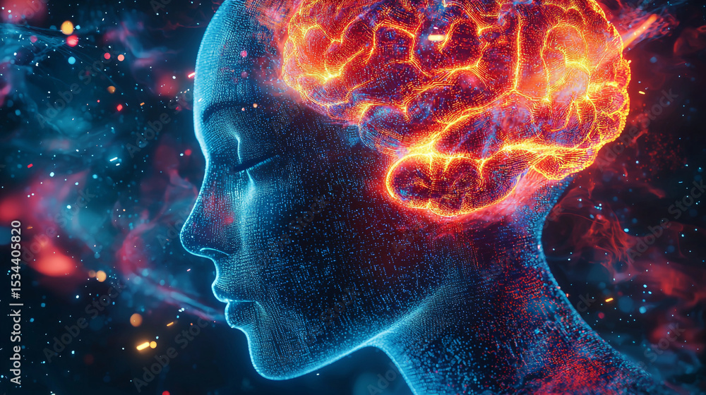Poster abstract glowing brain on a human profile with cosmic background and colorful particles around it