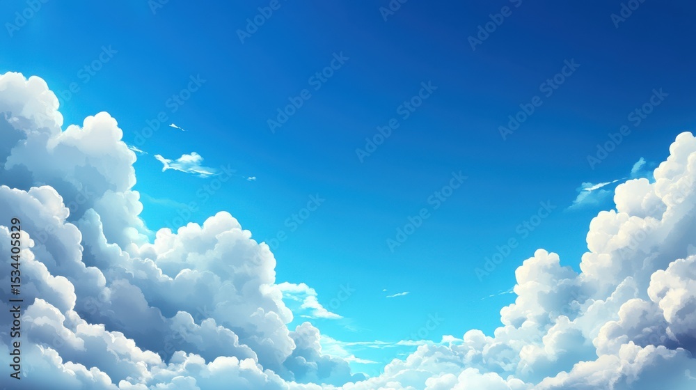Poster an empty sky filled with fluffy white clouds scattered randomly, floating weightlessly in a vast blu