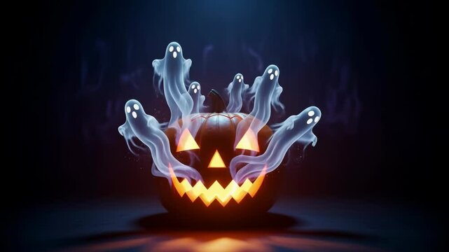 Glowing jack o lantern pumpkin with smoke ghosts. Spooky Halloween celebration background. Horror holiday party concept footage.