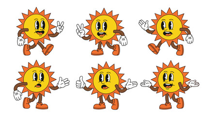 Fototapeta premium Happy Retro Cartoon Sun Character Expressing Joy and Playfulness with Dynamic Poses