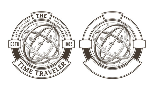 round steampunk themed vintage label, badge, logo or design element with armillary sphere, plain and with text as an example of use
