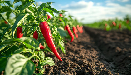 Red chili peppers growing in field. Fresh ripe chili harvest, organic farming. Spicy vegetable, food ingredient. Agriculture farm, summer season, healthy plant, nobody, vegetarian food