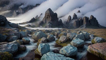 Misty Mountain Landscape with Large Stones