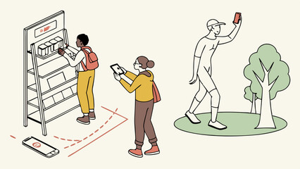 Augmented reality technology for mobile gaming, smart shopping, and digital navigation. People using phones indoors and outdoors.