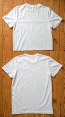 Plain White T-Shirt Displayed on Wood Surface – Front and Back Views for Clothing Branding or Merchandise