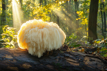 lions mane mushroom in autumn forest