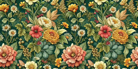 Vibrant floral pattern featuring multicolored blooms on a dark green background.