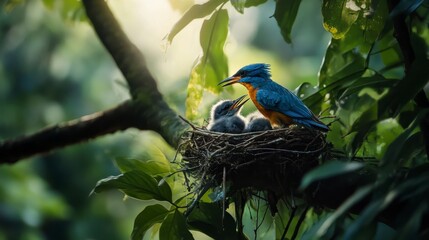 A mother bird feeds her chicks in a nest nestled in a lush green tree.