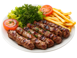 Delicious cevapi with french fries and fresh vegetables served on white plate