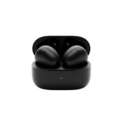 Sleek black wireless earbuds with speckled texture inside charging case front view