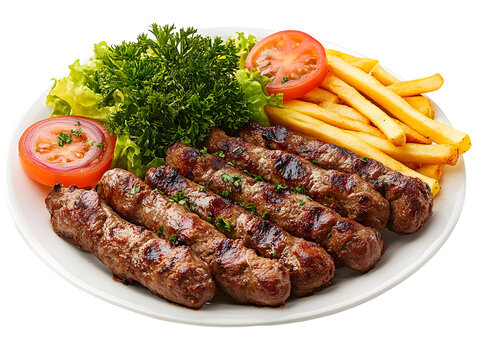 Delicious cevapi with french fries and fresh vegetables served on white plate