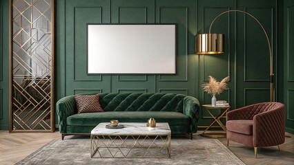 Chic Modern Living Room with Elegant Green Walls and Stylish Furniture Featuring a Blank Poster Frame for Personal Touches