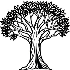 Side View Black and White Banyan Tree Thick Branches Illustration 1