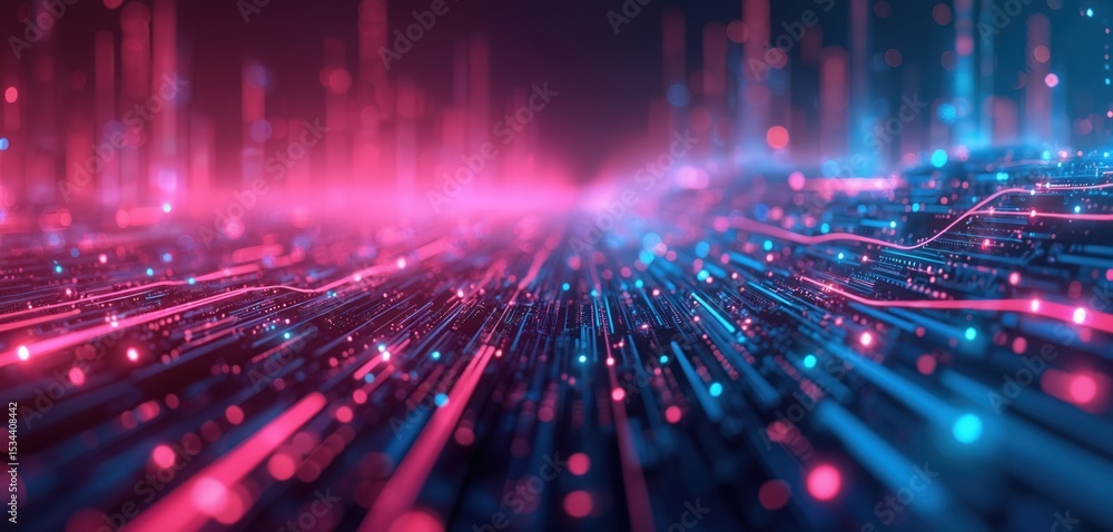Poster abstract futuristic tech illustration. pink, blue neon lights with binary data stream. digital code 