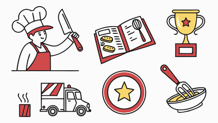 Chef cooking food icons set. Restaurant delivery service, recipe book, award, and quality rating. Culinary business concept.