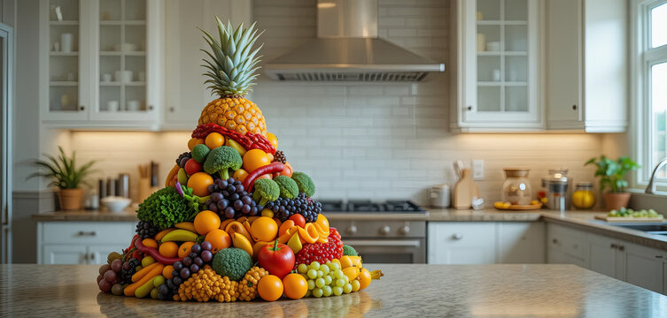 A vibrant arrangement of various fruits and vegetables is artistically piled on a kitchen counter