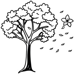 Obraz premium Side View Line Drawing Black Cherry Blossom Tree Falling Petals