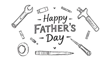 Naklejka premium Hand-drawn sketch, Happy Father's Day in vintage typography surrounded by wrench, hammer, screwdriver. Flat vector style with rough lines, textured pencil strokes on a white background. Graceful