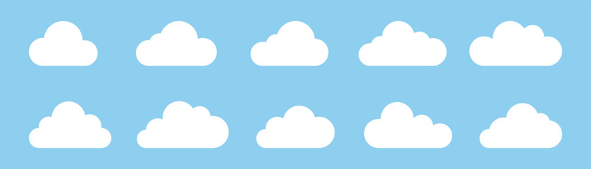 Set white cloud icons. Cartoon cloud flat design. Weather, sky, climate, atmosphere. Vector illustration
