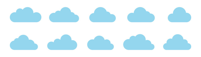 Set blue cloud icons. Cartoon cloud flat design. Weather, sky, climate, atmosphere. Vector illustration and PNG transparent