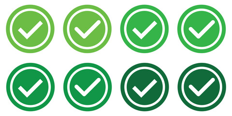 Green check mark icon set. Tick symbols, checklist signs. Green checkmark, green tick. Tick mark with circle icon. Green checkmark sign for app, UI, website. website. Vector illustration. 