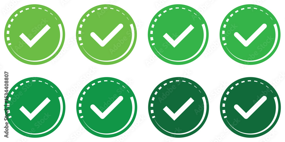 Poster check mark icon with correct, accept checkmark icons green tick, check list circle frame. tick symbo