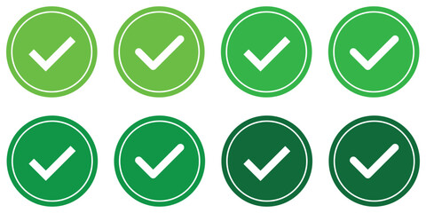 Green check mark icon set. Tick symbols, checklist signs. Green checkmark, green tick. Tick mark with circle icon. Green checkmark sign for app, UI, website. website. Vector illustration. 