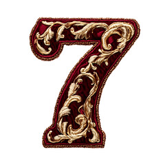 Obraz premium Elegant Crimson Velvet Letter 7 with Gold Embroidery Design Isolated on Transparent Background PNG