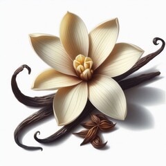 Isolated vanilla orchid flower with creamy yellow tones, used in recipes, perfumes, and spa visuals.