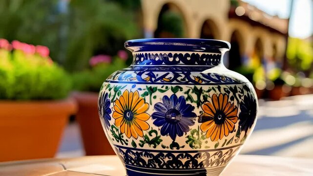 Handcrafted Talavera vase featuring blue and orange floral designs stands on an outdoor tiled table in a sunlit courtyard setting.