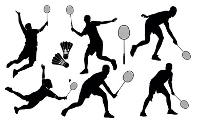 Vector art of dynamic badminton players in action, isolated on white background, a vector illustration showcasing powerful silhouettes and swift movements