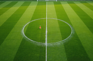 Obraz premium Soccer pitch with painted white lines. Green grass field, center circle, orange cone. Football arena, goal, game. Sports background, training, match. Top view, aerial photo.