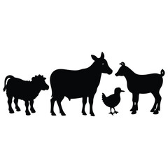Farm Animals Silhouette Cow, Calf, Goat, and Chicken Illustration