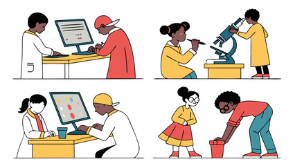 Diverse kids learning and exploring. Children engaged in science, technology, and educational activities. Future development.