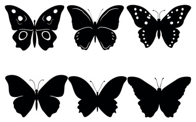Obraz premium Vector art of six elegant black butterfly silhouettes, isolated on white background, showcase varied wing shapes and patterns