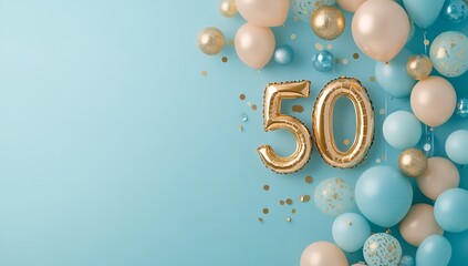 50th Anniversary Celebration with Golden Number Balloons and Pastel Blue Accents on Turquoise Background – Festive Banner with Copy Space for Text