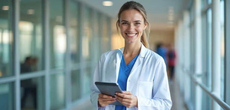 Happy woman doctor with tablet. Smiling female medical pro in white coat in modern hospital hallway. Healthcare worker uses tech for clinic management, telehealth. Health service career.