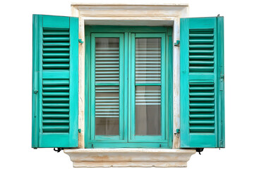 Turquoise window with open shutters against a black background creating contrast