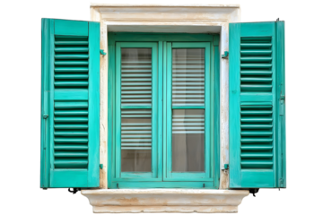 Turquoise window with open shutters against a black background creating contrast