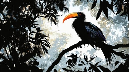 Obraz premium A toucan perched on a branch in a lush, tropical rainforest, silhouetted against a bright sky.