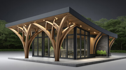Modern architecture with elegant wooden beams and glass walls in serene setting